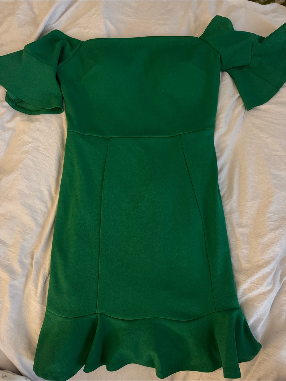 Crystal Doll Emerald Green Off the Shoulder Ruffle Dress